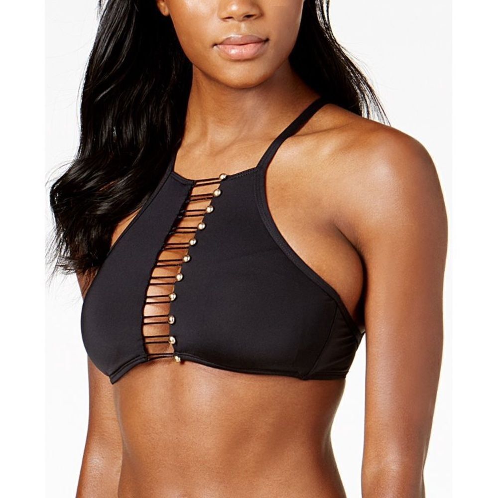 Kenneth Cole Black Halter Neck Strappy Bikini Top Gold Metal Button Detail Large